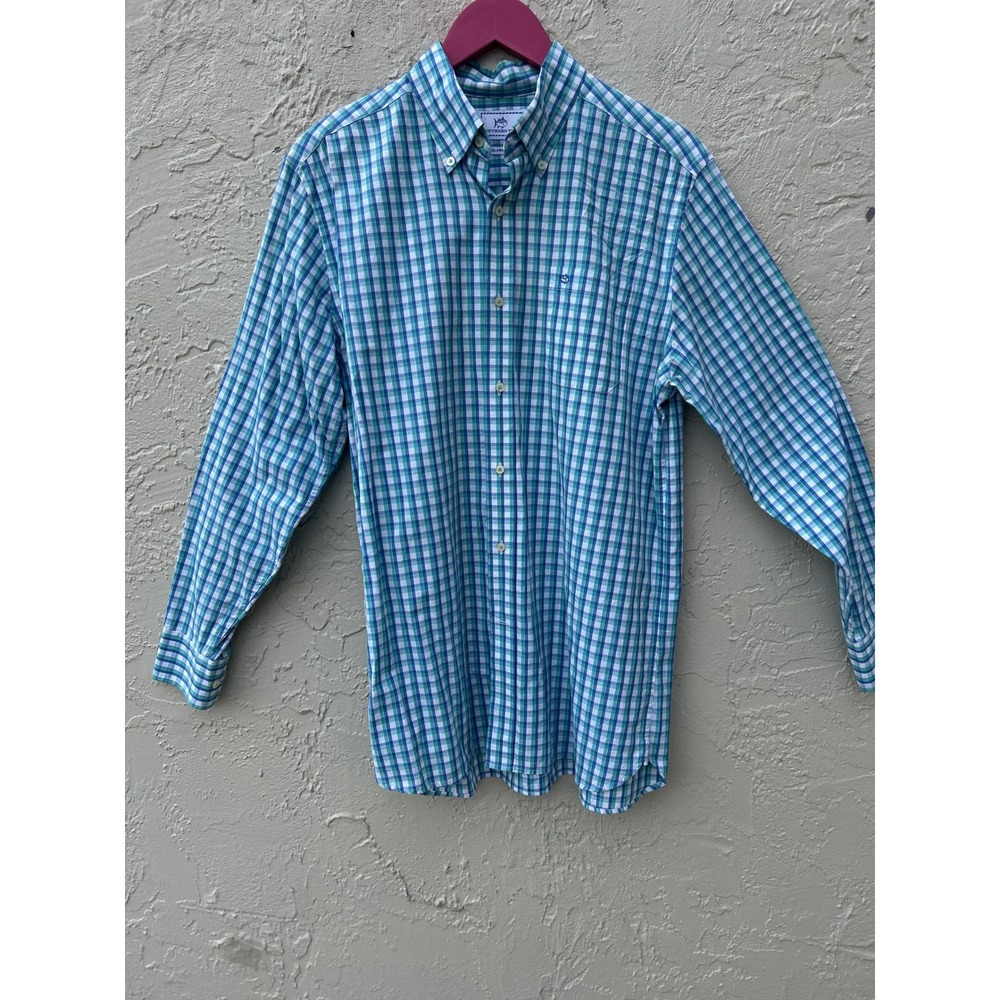 Southern Tide Mens Classic Fit Gingham Button Down Shirt Teal Blue White Medium